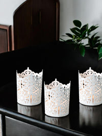 Set of 3 White Wash Diamond Cut Candle Holders 4 Inches High Elevate Decor with Elegant Metal Candle Holders in a Value Pack