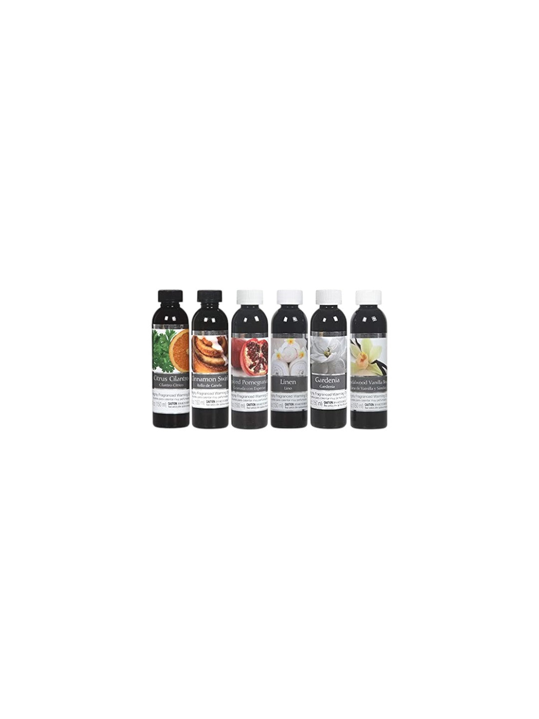 Set of 6 Assorted Fragrance Warming Oil 5oz Each. Citrus Cilantro, Spiced Pomegranate, Cinnamon Swirl, Linen, Gardenia, Sandalwood Vanilla Bean. Ideal Gift for Weddings, spa, Bathroom Settings