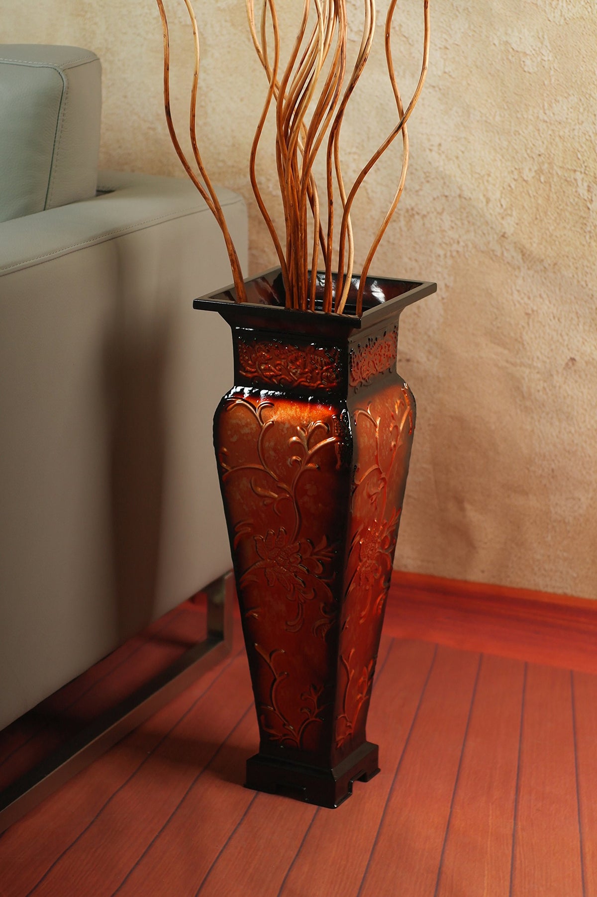 Metal Embossed Vase,  Red Finish, 21.25 inches High