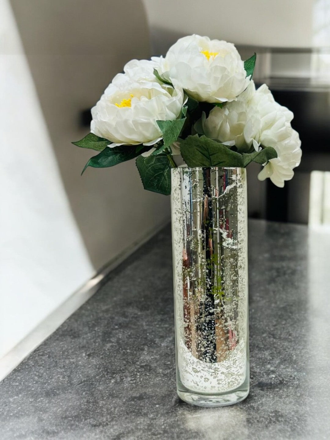 12 Inch High Metallic Silver Speckled Finish Glass Floral Vase. Ideal Gift for Weddings Bridal Spa Meditation Reiki Rose Vase Nautical Settings Led Lantern Votive Garden