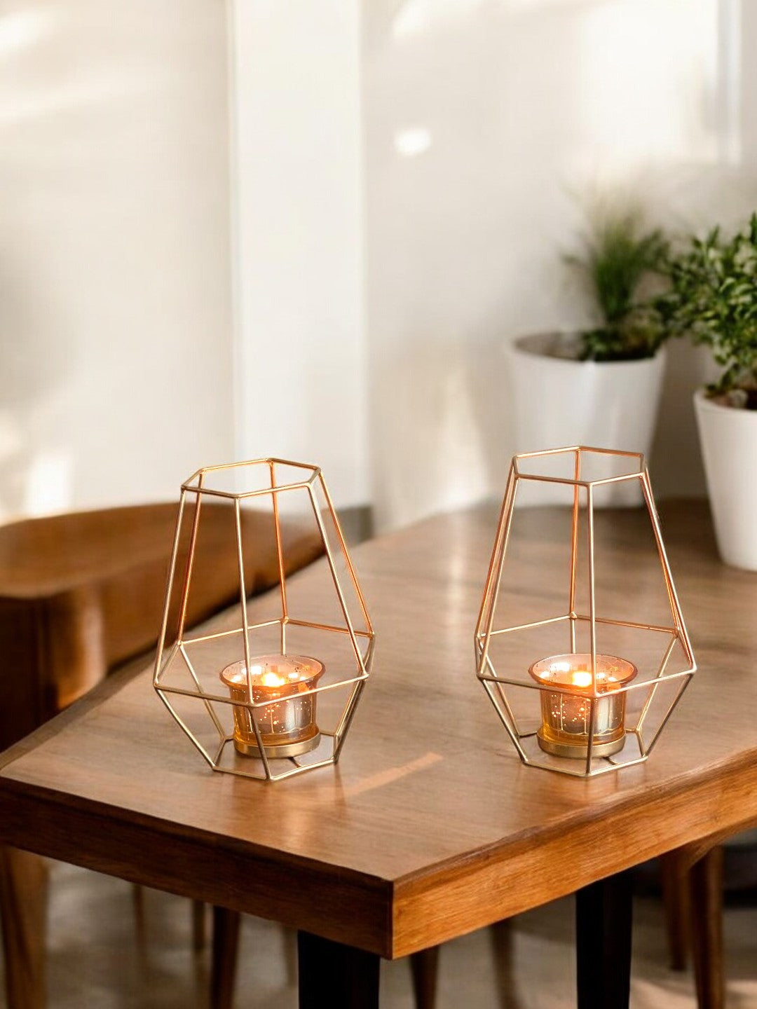 Iron Lantern With Metallic Gold Glass Tealight holders, Set of 2, 7 inches High each