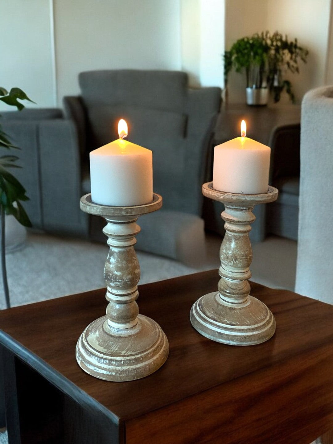 Wood Pillar Candle Holder, White Color, Set of 2, 9 inches High each