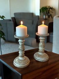 Wood Pillar Candle Holder, White Color, Set of 2, 9 inches High each