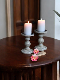 Wood Pillar Candle Holder, White Color, Set of 2, 7 inches High each