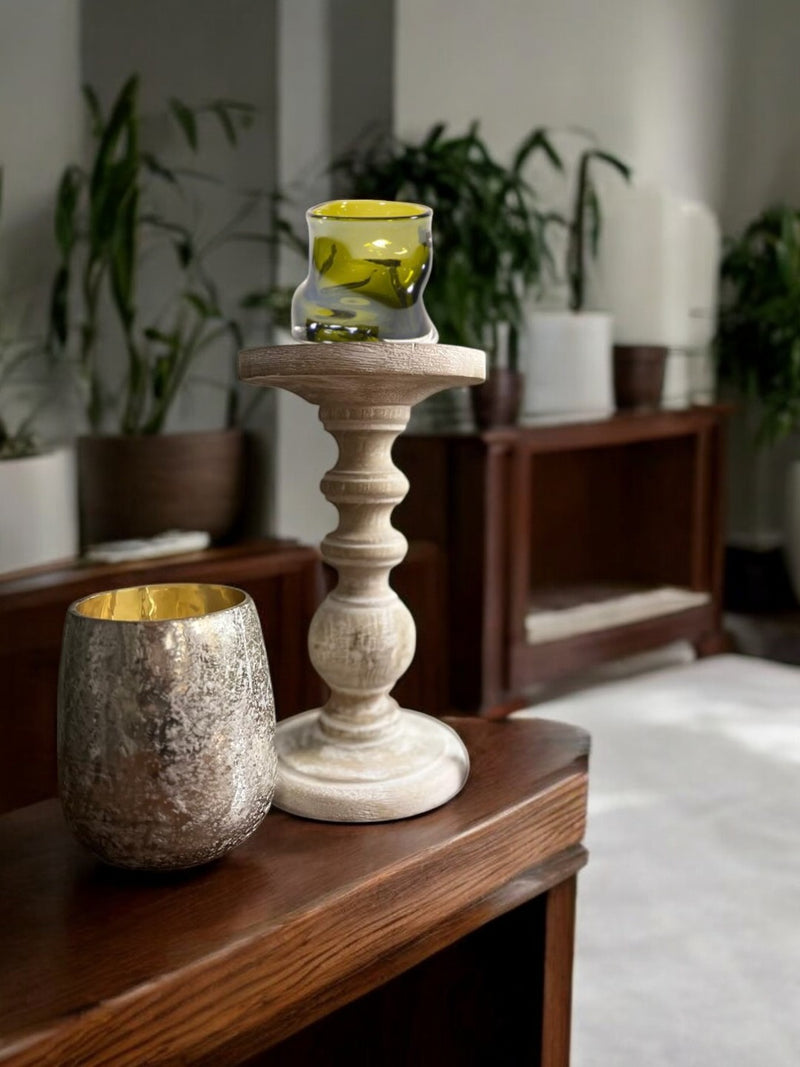 Wood Pillar Candle Holder, White Color, 9 inches High