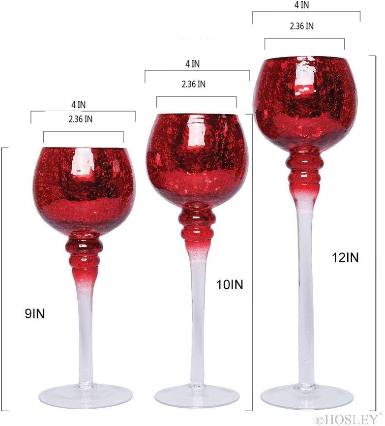 3 Sets Crackle Red Glass Tealight Holders Set /3-12 Inch, 10 Inch, 9 Inch Ideal for Weddings Special Events Parties Also Makes a Great Gift