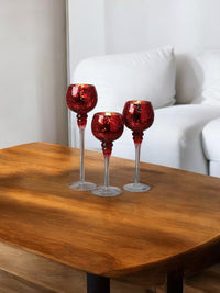 3 Sets Crackle Red Glass Tealight Holders Set /3-12 Inch, 10 Inch, 9 Inch Ideal for Weddings Special Events Parties Also Makes a Great Gift