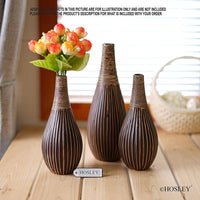 HOSLEY® Ceramic Textured Bud Vase, Brown Glazed,  Set of 3, Large 9 "H,  2 pcs Small 7"H